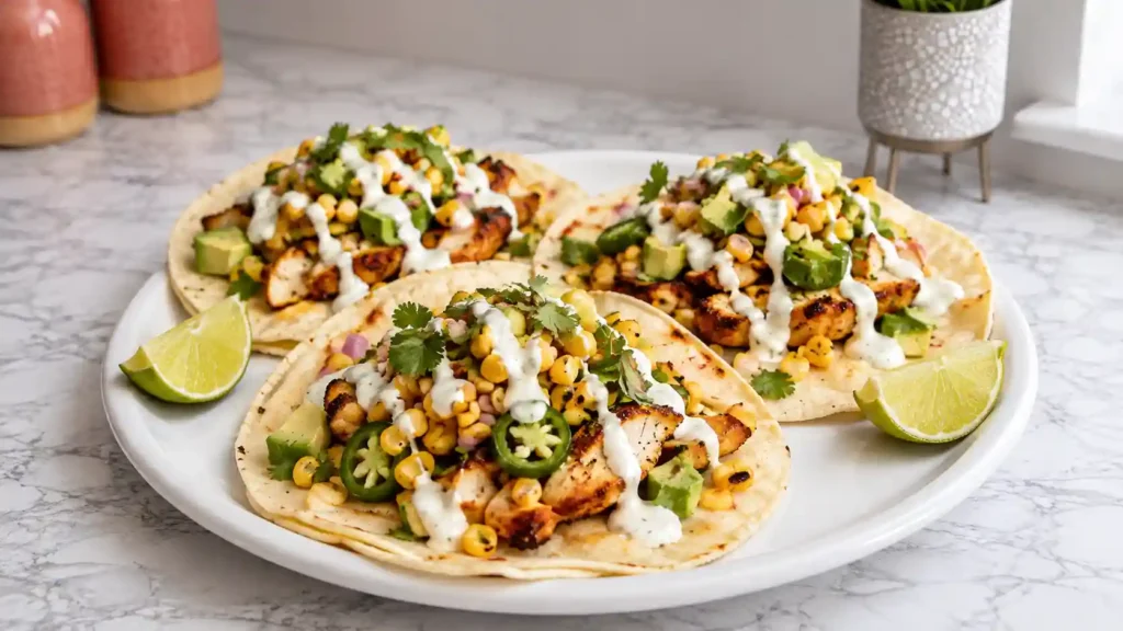 Crazy Good Street Corn Chicken Tacos with Avocado Salsa