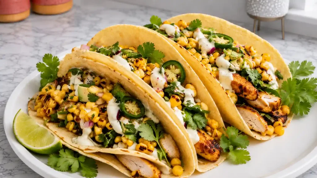 Crazy Good Street Corn Chicken Tacos with Avocado Salsa