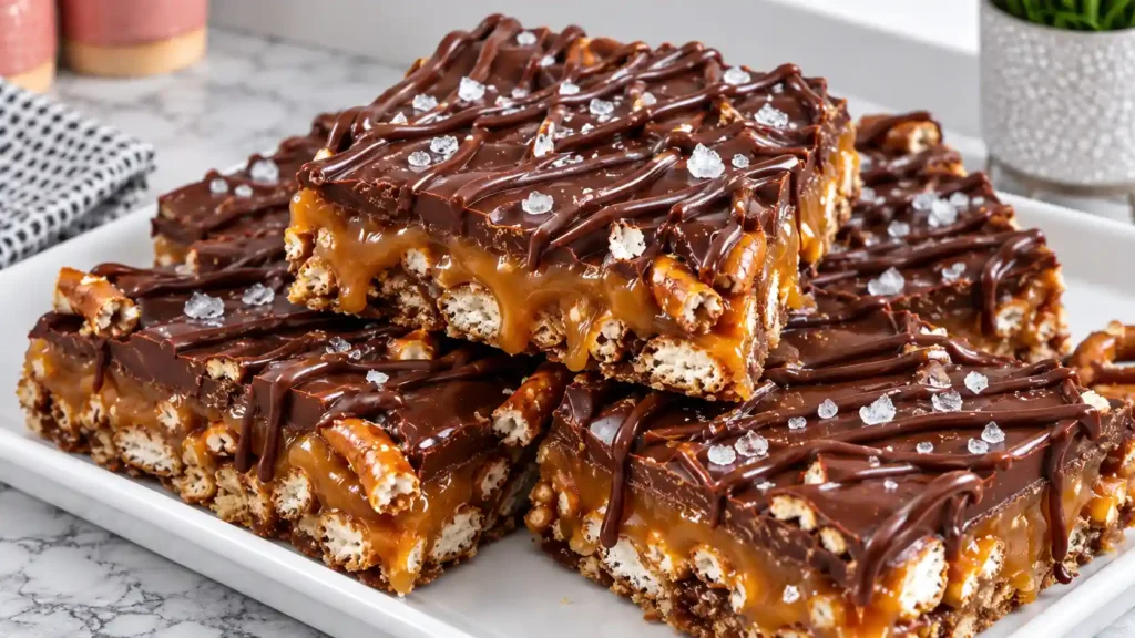 No-Bake Salted Caramel Pretzel Bars: Easy Chocolate Caramel Pretzel Dessert